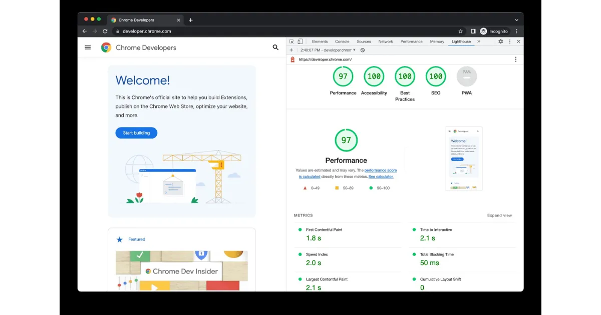 Chrome 開發人員工具中的 Lighthouse 報表